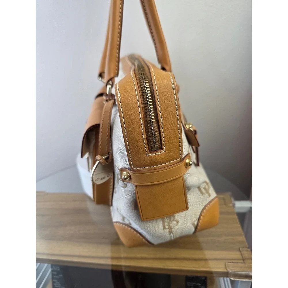 Dooney & Bourke Signature Monogram Canvas Satchel Tan Leather Trim Bag